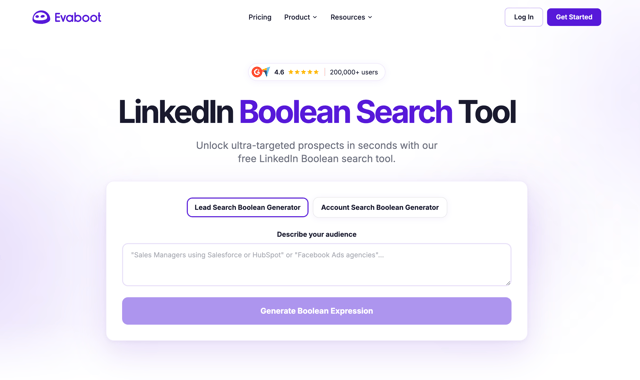 Evaboot's free LinkedIn Boolean Search Tool, rated 4.6 by 200,000+ users, with tabs for lead and account search and a box to describe your audience in plain English before generating a Boolean expression