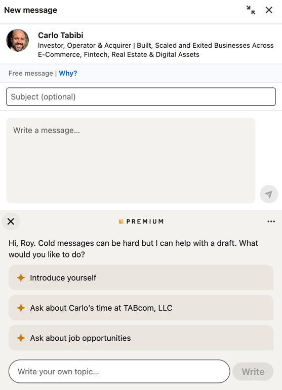The Sales Navigator InMail composer with Message Assist open, offering AI-generated starting points such as introducing yourself, asking about the prospect's time at their company, or asking about job opportunities
