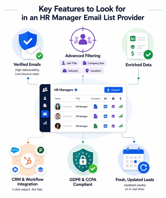 Key features of an HR manager email list provider: verified emails for deliverability, advanced filtering by job title, company size, industry and location, enriched data, CRM integration, GDPR and CCPA compliance, and regularly refreshed leads