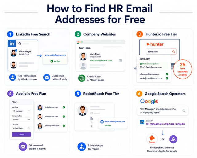 Six free ways to find HR email addresses: LinkedIn search, company website team pages, Hunter.io's 25 free searches a month, Apollo.io's 50 free credits, RocketReach's 5 free lookups, and Google search operators