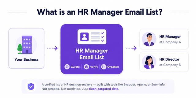 What an HR manager email list is: your business feeds a curated, verified and organised contact list that resolves to named HR managers and HR directors at target companies