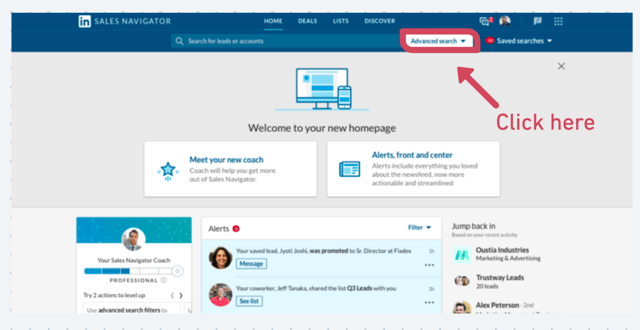where to find the advanced search on sales navigator