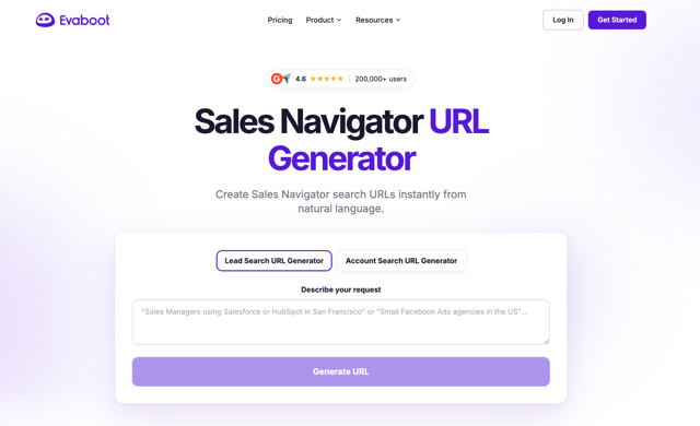 Evaboot's Sales Navigator URL Generator, which turns a plain-English description of your target audience into a Sales Navigator lead or account search URL