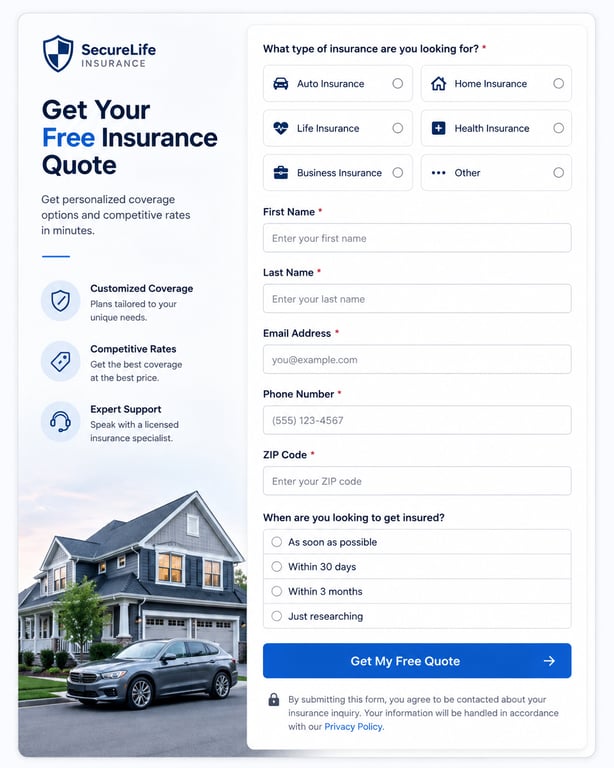 A SecureLife insurance quote landing page: the visitor picks a policy type — auto, home, life, health or business — then submits name, email, phone, ZIP code and how soon they want cover