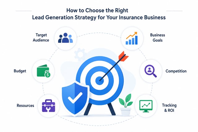 Six factors for choosing an insurance lead generation strategy: target audience, business goals, competition, tracking and ROI, available resources, and budget