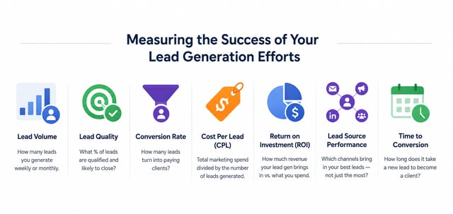 Seven metrics for measuring lead generation: lead volume, lead quality, conversion rate, cost per lead, return on investment, lead source performance, and time to conversion