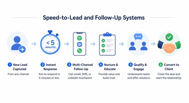 A six-stage speed-to-lead system: a new lead is captured, answered within five minutes, followed up by call, email, SMS or LinkedIn, nurtured, qualified, and converted to a client