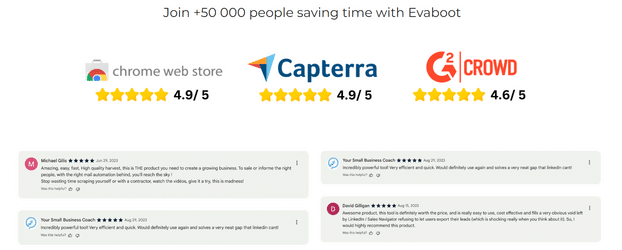 Evaboot customer reviews and ratings from Chrome Web Store, Capterra, and G2 Crowd, showcasing high ratings and positive testimonials.