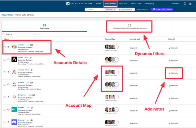 interfaz de lista de cuentas sales navigator
