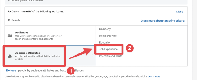 añadir filtro de experiencia laboral en linkedin ads abm