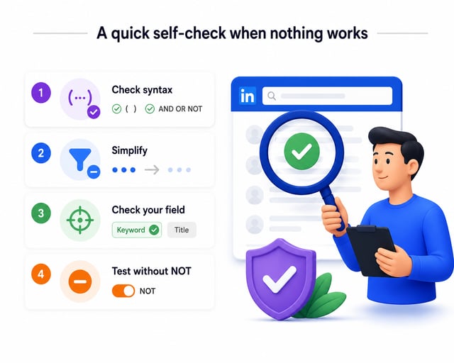 A four-step self-check when a Boolean search returns nothing: verify the syntax of parentheses and AND/OR/NOT, simplify the query, confirm you are searching the right field, and re-test with the NOT clause removed