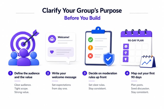 Four steps to clarify a group's purpose before building it: define the audience and the value, write a welcome message, decide moderation rules up front, and map out the first 90 days