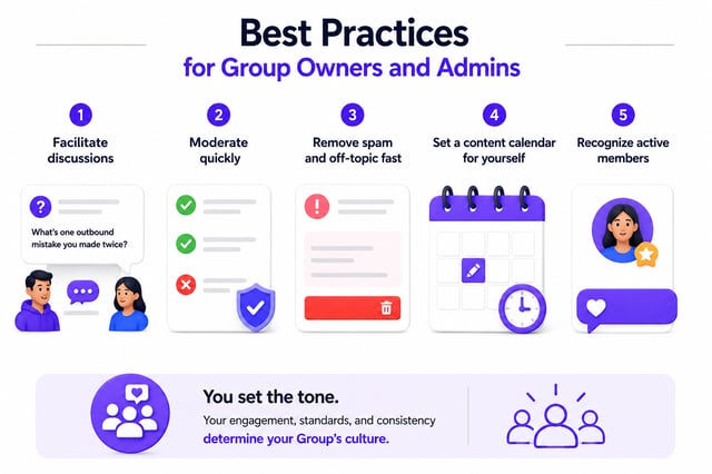 Five best practices for group owners and admins: facilitate discussions, moderate quickly, remove spam and off-topic posts fast, set yourself a content calendar, and recognise active members