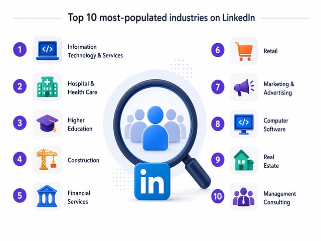 The 10 most-populated industries on LinkedIn, led by Information Technology & Services, Hospital & Health Care and Higher Education