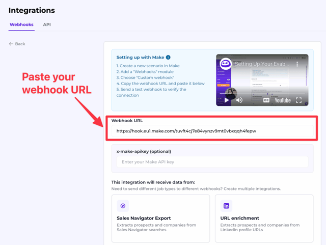 webhook url evaboot and make