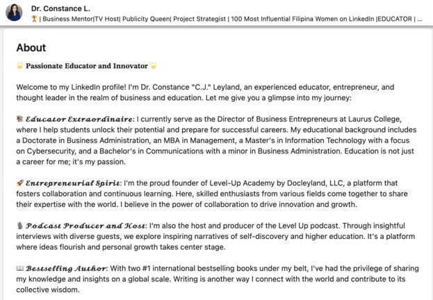 LinkedIn summary example color and flair