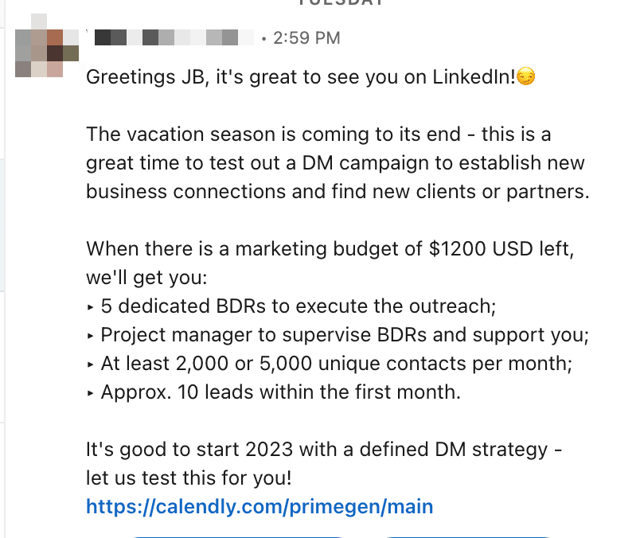 mal ejemplo de mensaje de prospección en linkedin