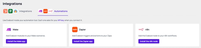 Evaboot integrations automations tab with install buttons for Make, Zapier and n8n