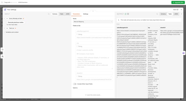 n8n Your settings node with the Sales Navigator URL, the ICP and the Google Sheet URL