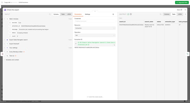 n8n Check the export node: status EXECUTED with 37 prospects for the Weekly lead list search
