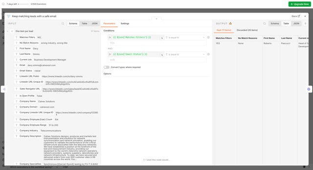 n8n filter node keeping 11 leads that match the filters with a safe email and discarding 26