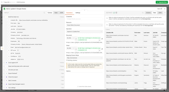 n8n Google Sheets node set to append or update rows, matching on the LinkedIn URL column
