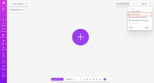 Make scenario menu open with Import blueprint highlighted