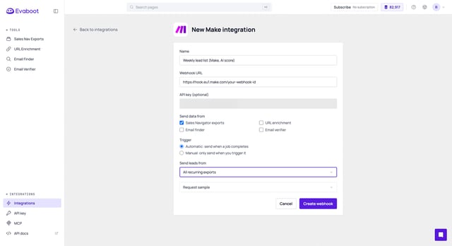 Evaboot New Make integration form with the webhook URL, Sales Navigator exports and All recurring exports selected