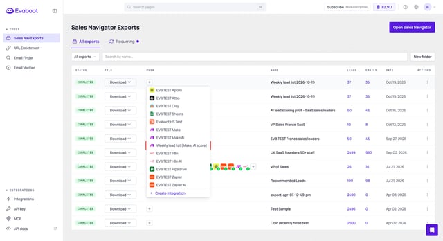 Evaboot export row with the push menu open and the Make integration highlighted