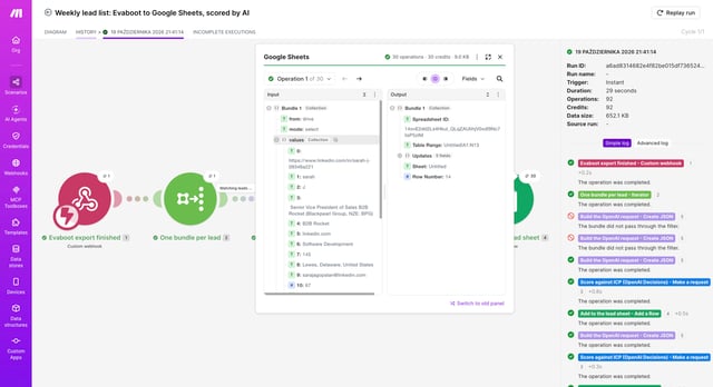 Make Google Sheets Add a Row input with the lead's LinkedIn URL, name, job title, company, industry, employees, email and ICP score 67
