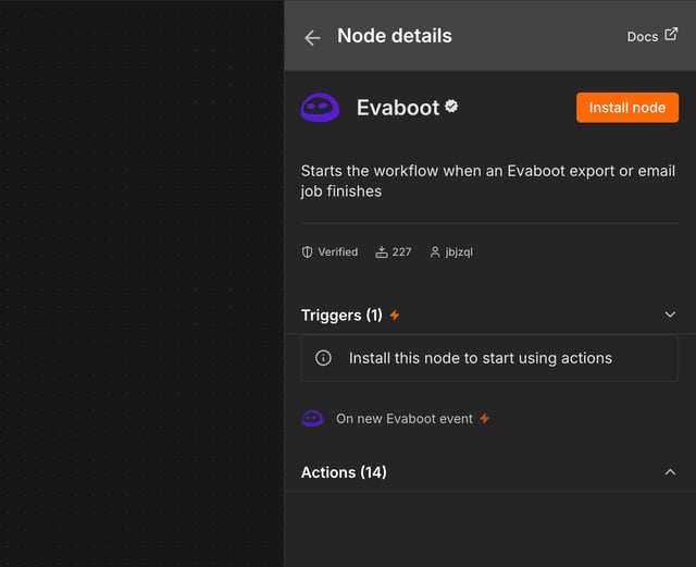n8n node details for the verified Evaboot node with the Install node button