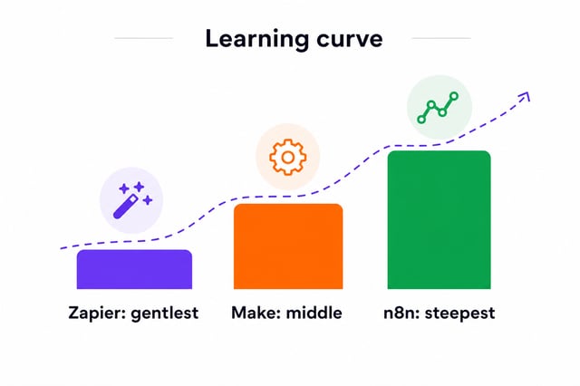 Learning curve of no-code automation platforms: Zapier gentlest, Make in the middle, n8n steepest