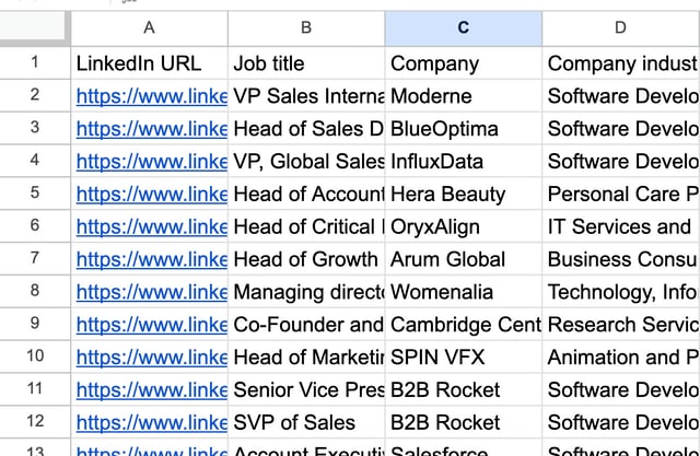 Google Sheet with one lead per row: LinkedIn URL, Job title, Company and Company industry columns