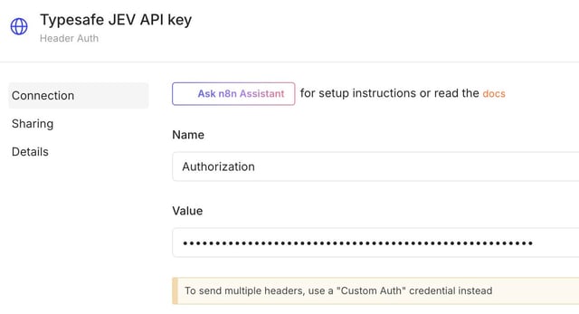 n8n Header Auth credential for the Typesafe JEV API key