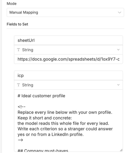 n8n Your settings node with the sheetUrl and icp fields