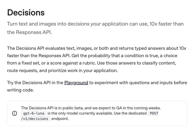 OpenAI Decisions API guide stating that the Decisions API is in public beta