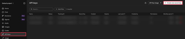 OpenAI platform API keys page with the API Keys menu and the Create new secret key button