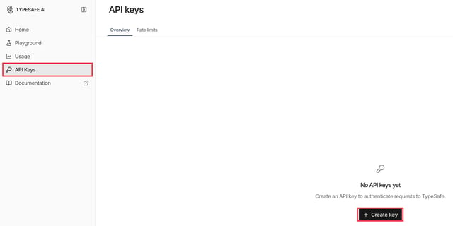 Typesafe console API keys page with the API Keys menu and the Create key button