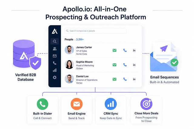 Apollo.io as an all-in-one platform: a verified B2B database feeding a people search that lists contacts with email, phone and LinkedIn actions, branching into a built-in dialer, email engine and CRM sync