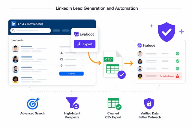 LinkedIn lead generation flow: a Sales Navigator lead search exported through Evaboot into a cleaned CSV, then a verified contact list where one row is flagged with a no-match reason