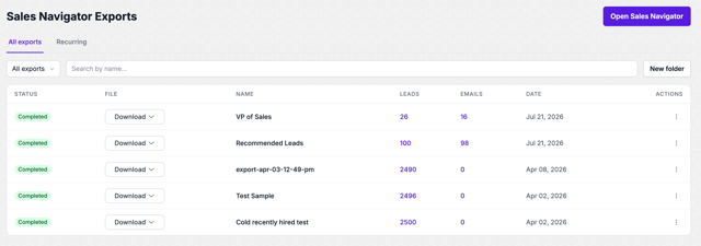 Evaboot Sales Navigator Exports dashboard listing completed exports with their lead and email counts, including a 2,490-lead export and a 100-lead Recommended Leads export with 98 emails found