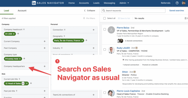 recherche des Open Profiles sur linkedin sales navigator