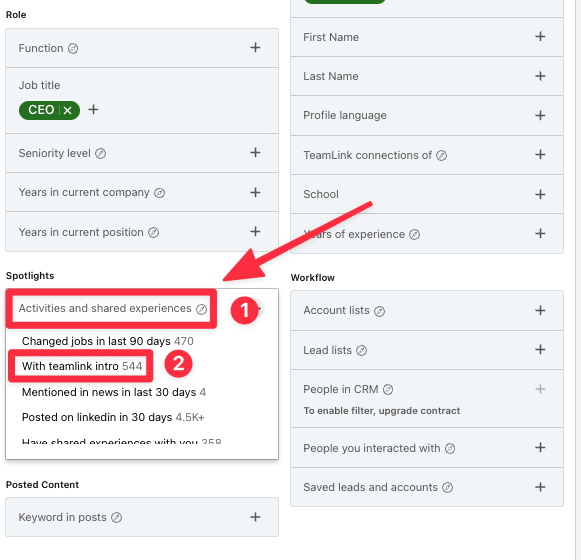 linkedin teamlink filter nutzen