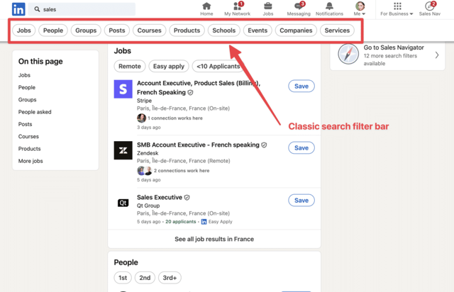 LinkedIn advanced search filter categories