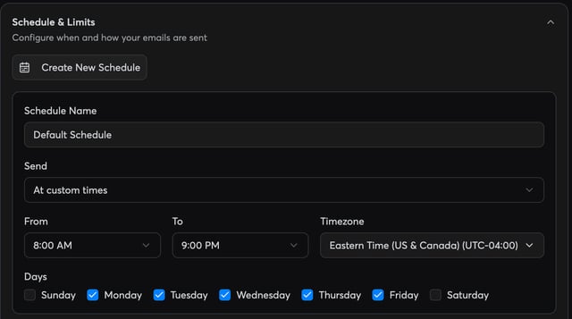 Instantly campaign schedule sending from 8:00 AM to 9:00 PM, Monday to Friday