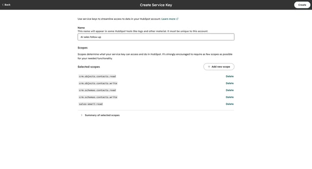 HubSpot Create Service Key page for AI sales follow-up with five scopes, including sales-email-read