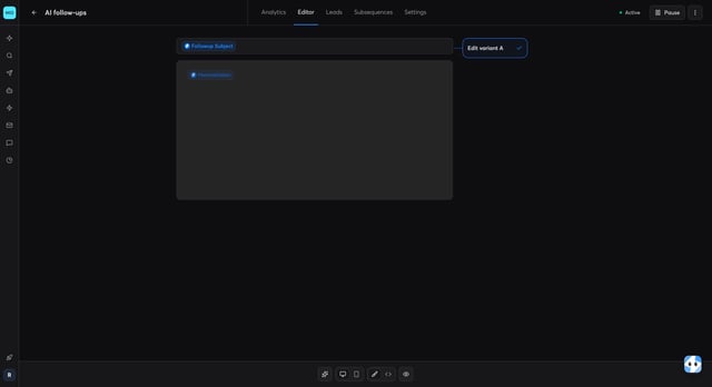 Instantly campaign editor with the Followup Subject variable as subject and the Personalization variable as body