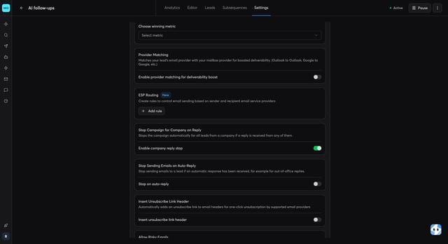 Instantly setting Stop Campaign for Company on Reply turned on