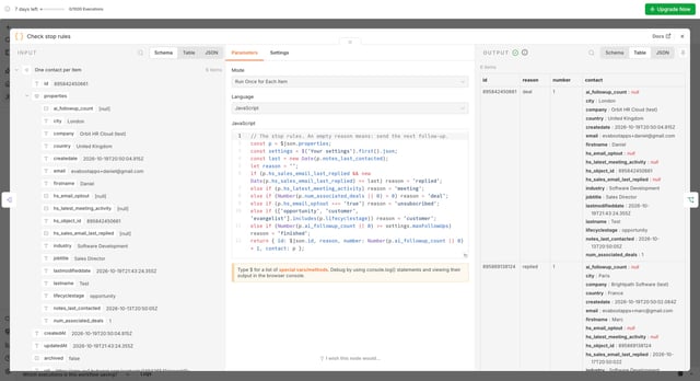 n8n Check stop rules code node with the stop rules and an output of deal and replied for two contacts