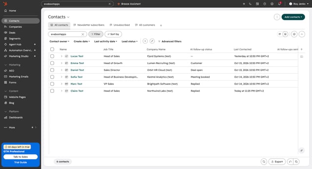 HubSpot contacts with AI follow-up status Customer, Deal open, Meeting booked and Replied, next to Last Contacted